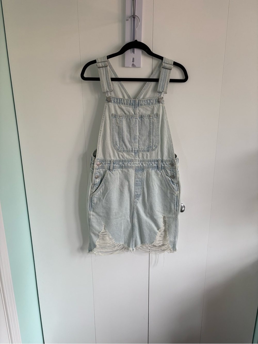 Light Wash Distressed Denim Overall Dress